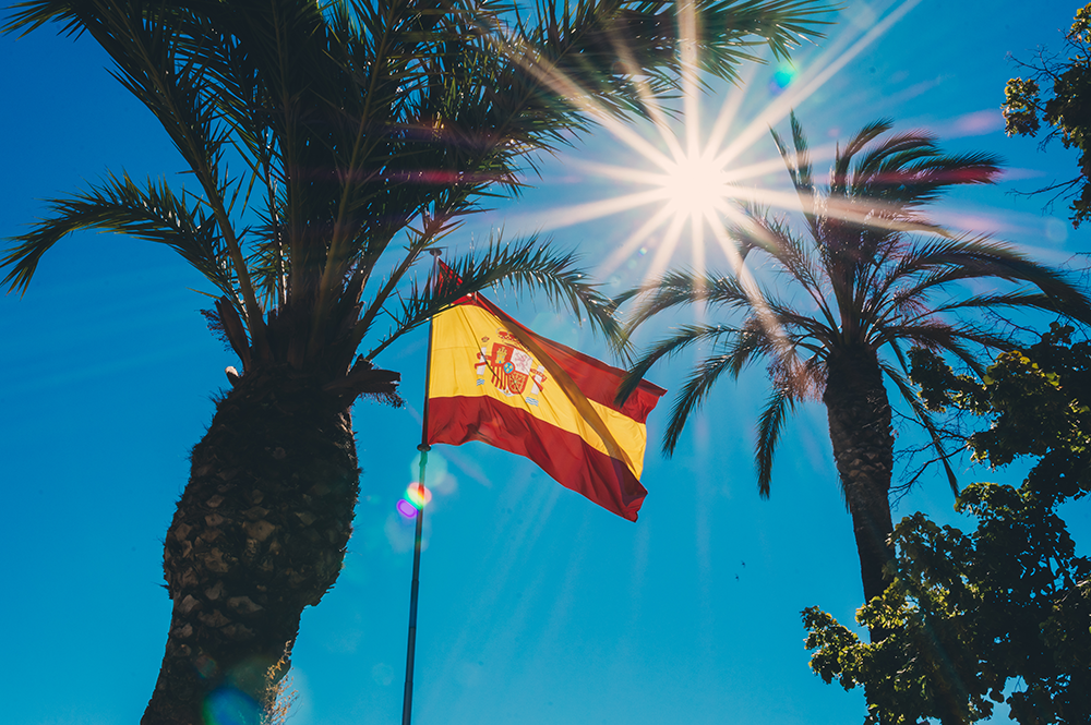 Una bandera de España entre dos palmeras.
