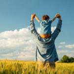 Padre e hijo disfrutan en el campo.
