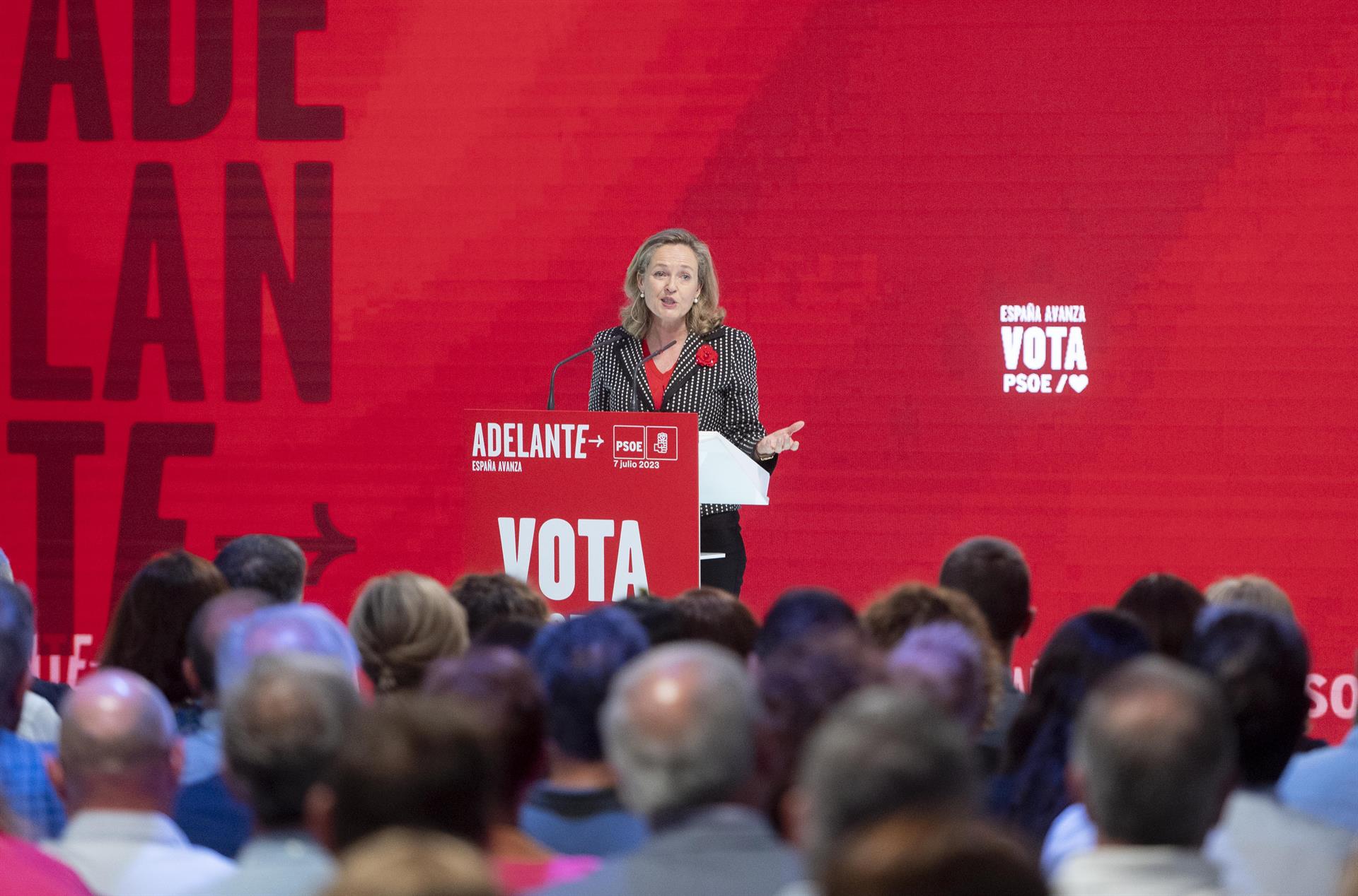 La vicepresidenta primera y ministra de Economía, Nadia Calviño, interviene durante presentación del programa electoral del PSOE para las elecciones generales en Madrid, en el Espacio Próxima Estación, a 7 de julio de 2023, en Madrid (España). - Alberto Ortega - Europa Press
