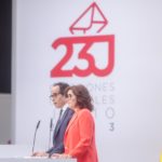El secretario de Estado de Comunicación, Francesc Vallès, y la subsecretaria del Ministerio del Interior, Isabel Goicoechea, durante una rueda de prensa en el Centro Nacional de Difusión de Datos en IFEMA, a 23 de julio de 2023, en Madrid (España). - Ricardo Rubio - Europa Press