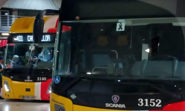 Los autobuses del TIB en Mallorca lucen un lazo negro en señal de duelo por la muerte de un trabajador este viernes