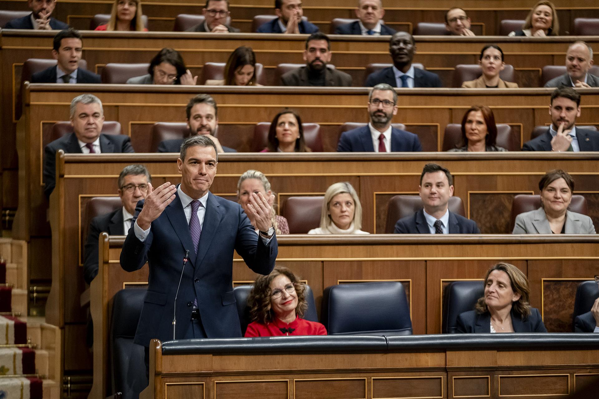 El presidente del Gobierno, Pedro Sánchez, interviene durante la sesión plenaria en el Congreso de los Diputados, a 21 de febrero de 2024, en Madrid (España). - A. Pérez Meca - Europa Press