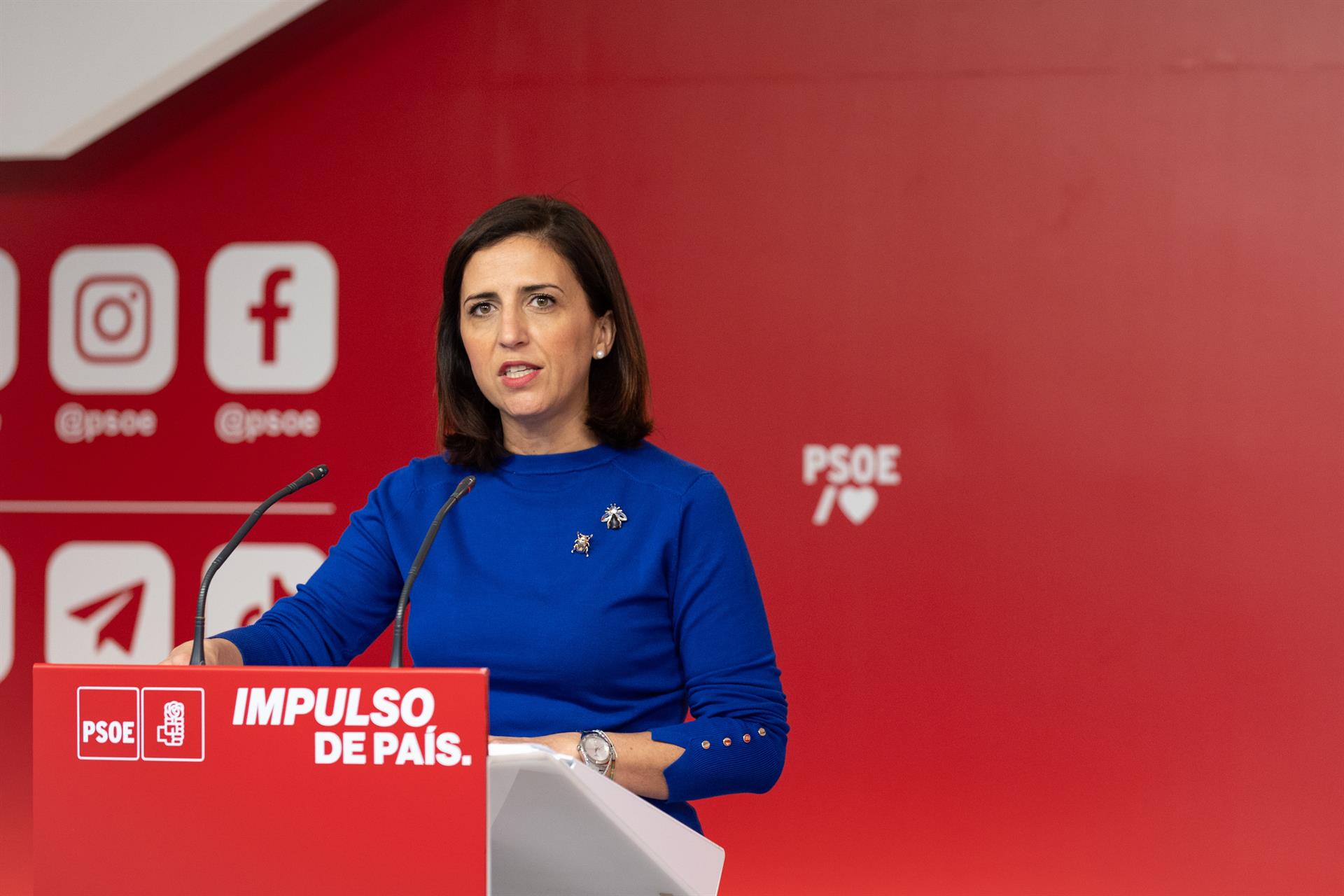 La portavoz de la Comisión Ejecutiva Federal del PSOE, Esther Peña, en una comparecencia en la sede del partido en la calle Ferraz. - PSOE