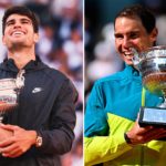 Alcaraz con su trofeo de ayer y Nadal con su último Roland Garros.