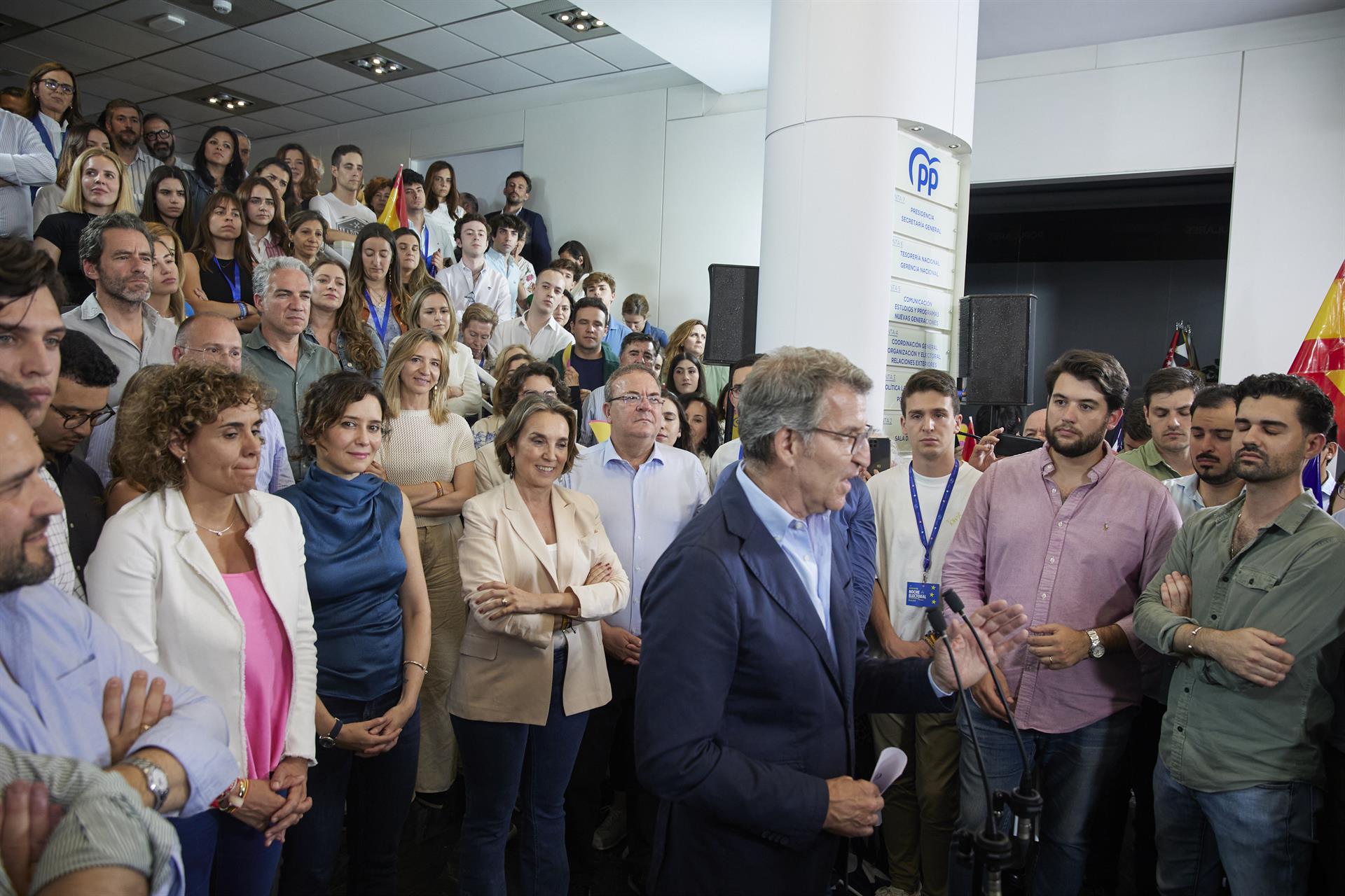 El líder del PP, Alberto Núñez Feijóo, interviene durante el seguimiento de la jornada electoral de elecciones europeas, en la sede del PP, a 9 de junio de 2024, en Madrid (España). Hoy tienen lugar las elecciones europeas de 2024 en España en las que se - Jesús Hellín - Europa Press